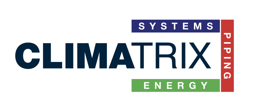 Het originele logo van Climatrix, specialist in energietechnieken. Centraal staat de naam 'Climatrix' errond de woorden 'systems', 'piping' en 'energy'.