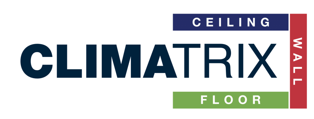 Update van het eerste logo van Climatrix. De woorden die rechts staan zijn nu 'ceiling', 'wall' en 'floor'.
